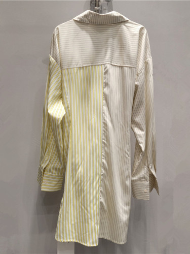 {EAM} European Trendy Women's Clothing Long Sleeved Contrasting Striped Shirt Dress Strap Design Dresses 2024 Autumn New 16O1453