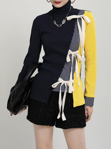 [EAM] Bow Striped Knitting Sweater Loose Fit Turtleneck Long Sleeve Women Pullovers New Fashion Tide Autumn Winter 2024 1DD1564