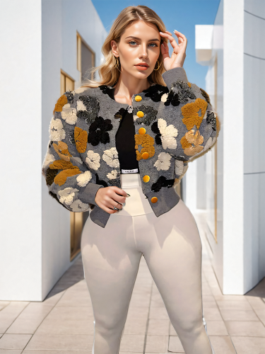DEAT Fashion Women's Jacket Round Neck Loose Single Breasted Long Sleeve Retro 3D Flowers Short Coat Autumn 2024 New 7AB5234