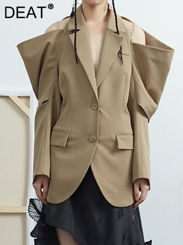 DEAT Fashion Women's Blazer Notched Single Breasted Shoulder Hollow Out Chain Design Suit Jackets Tide Spring 2024 New 17A2638