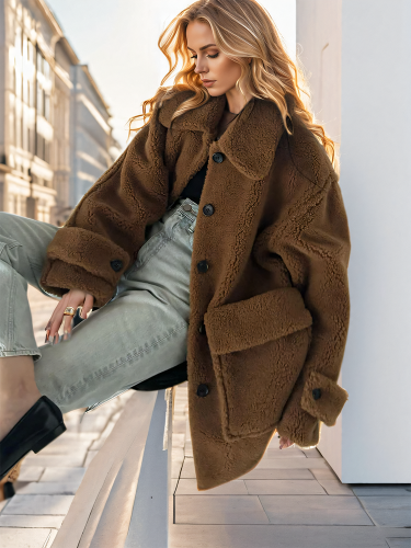 DEAT Fashion Women's Faux Fur Coat Lapel Loose Single Breasted Long Sleeve Big Pockets Thick Warm Jackets Winter 2024 New 7AB520