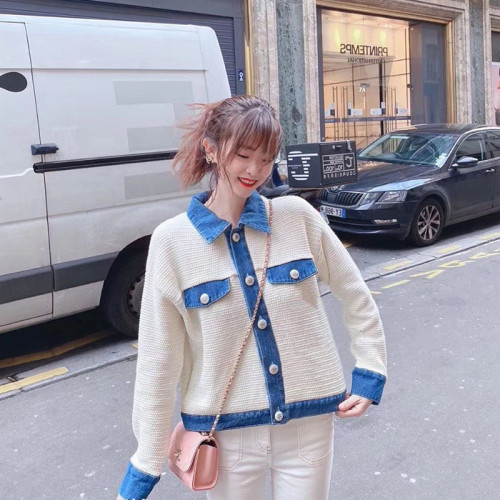 {EAM} Aoi Denim Stitching White Jacket Women's Autumn Winter New Korean Style Fashionable Elegant Slim-fit Casual Straight Coat  DLZ054