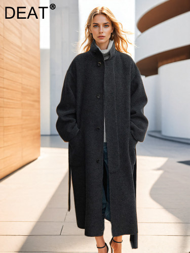 DEAT Fashion Women Double-side 100% Wool Coat Stand Collar Loose Single Breasted Sashes Blends Overcoat Winter 2024 New 7AB5226