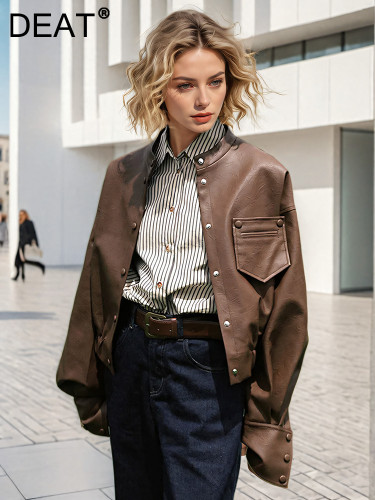 DEAT Fashion Women's PU Leather Jacket Lapel Loose Single Breasted Long Sleeve Short Leather Coat Autumn 2024 New Tide 7AB5231