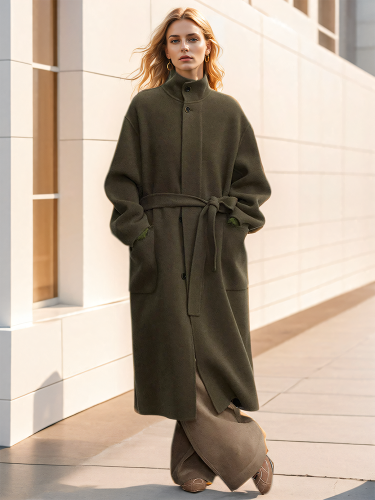 DEAT Fashion Women Double-side 100% Wool Coat Stand Collar Loose Single Breasted Sashes Blends Overcoat Winter 2024 New 7AB5226