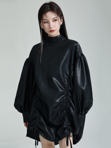 [EAM] Women Green Pu Leather Drawstring Big Size T-shirt New Turtleneck Long Sleeve Fashion Tide Spring Autumn 2024 1DH1358