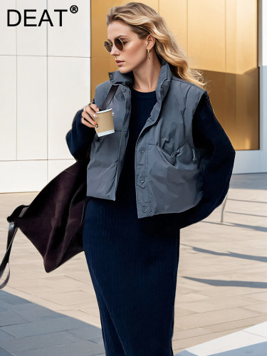 DEAT fashion women's down vest stand collar loose single breasted pockets thick warm outwear waistcoat winter 2024 new 7AB5227