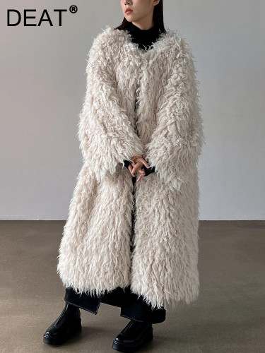 DEAT Fashion Women's Faux Fur Coat O-neck Loose Covered Button Long Sleeve Loose Thick Warm Jackets Winter 2024 New 7AB5209