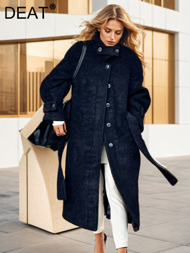 DEAT Fashion Women's Wool Coat Lapel Loose Single Breasted Full Sleeve Sashes Gray Black Blends Overcoat Winter 2024 New 7AB5230