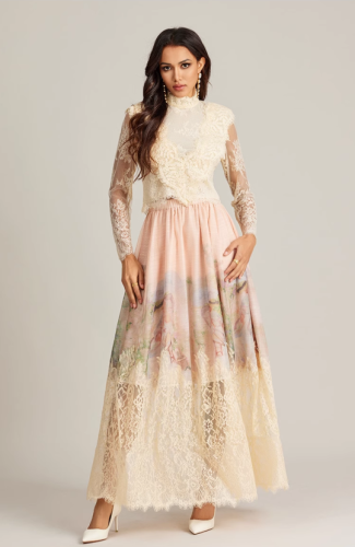 {EAM} Australian niche holiday fairy dress high-end custom lace patchwork backless oil printing spring and autumn dress DLZ055