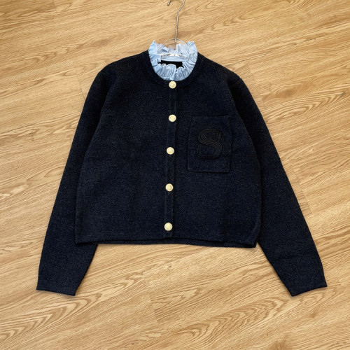 {EAM} Autumn French detachable wooden ear edge collar knit coat women's small fragrance short long sleeve top DLZ056