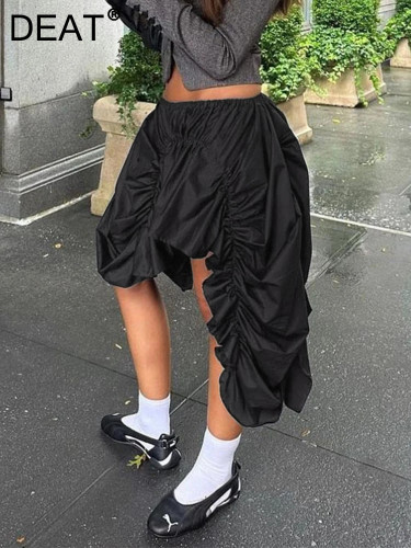 DEAT Fashion Women's Skirt Elastic Waist Irregular Drawstring Folds Loose Streetwear Lady Skirts Winter 2024 New Tide 7AB2711