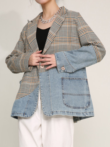 {EAM} Women Blue Plaid Denim Big Size Blazer New Lapel Long Sleeve Loose Fit  Jacket Fashion Tide Spring Autumn 2024 DLZ64