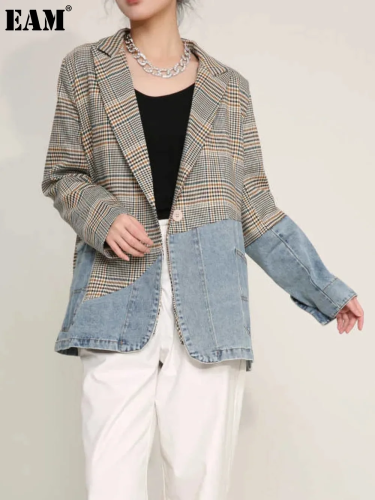 {EAM} Women Blue Plaid Denim Big Size Blazer New Lapel Long Sleeve Loose Fit  Jacket Fashion Tide Spring Autumn 2024 DLZ64