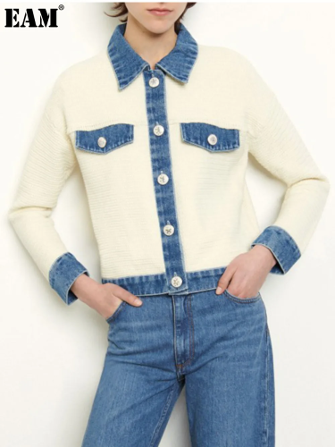 {EAM} Aoi Denim Stitching White Jacket Women's Autumn Winter New Korean Style Fashionable Elegant Slim-fit Casual Straight Coat  DLZ054