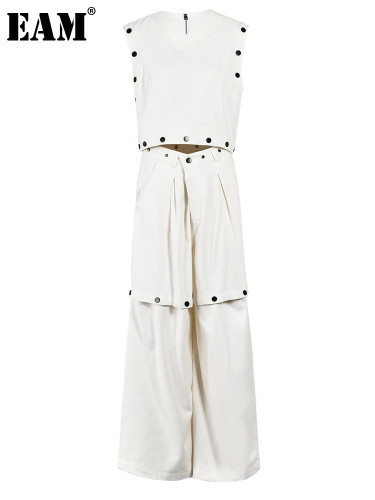 EAM Two Piece Suit Wide Leg Pants Button Vest Big Size New Round Neck Sleeve Women Fashion Tide Spring Summer 2024 CPG0042