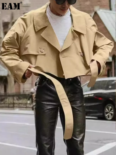 {EAM} 2024 autumn new fashion loose jacket belt lapel tooling short trench coat coat DLZ050
