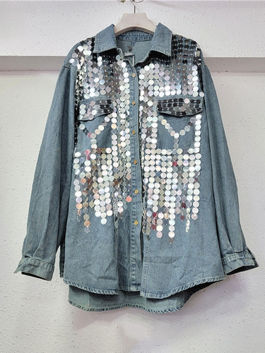 {EAM} Women's Denim Shirt Loose Patchwork Full Sequins Single Breasted Blue Long Sleeve Blouse 2024 Autumn New Fashion DLZ72
