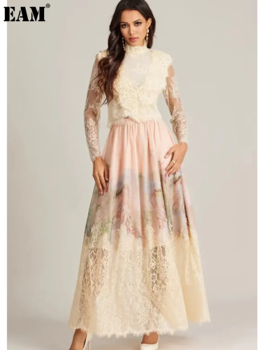 {EAM} Australian niche holiday fairy dress high-end custom lace patchwork backless oil printing spring and autumn dress DLZ055