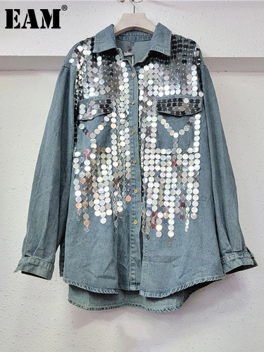 {EAM} Women's Denim Shirt Loose Patchwork Full Sequins Single Breasted Blue Long Sleeve Blouse 2024 Autumn New Fashion DLZ72