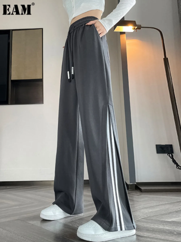 {EAM} Spring Autumn Women Casual Striped Sports Pants Korean Fashion New Elastic High Waist Versatile Loose Basic Straight Trousers DLZ046