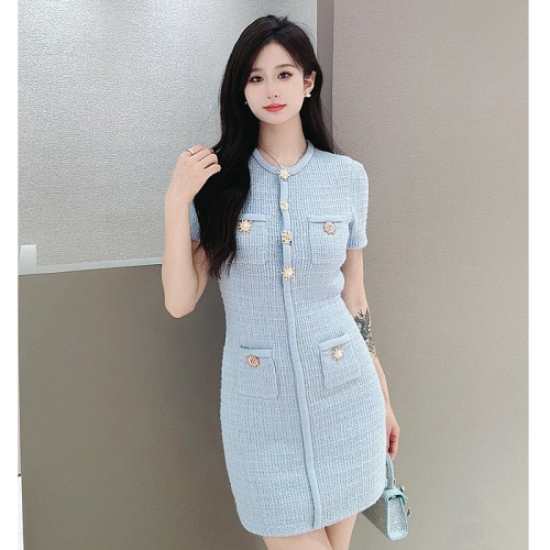 {EAM} The new South oil high-end haze blue Xiaoxiang celebrity style knitted dress short skirt DLZ62