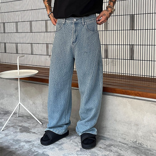 {EAM} Men's Vintage High Street Texture Premium Straight Leg Wide Loose Jeans Fashion Streetwear Korean Popular Leisure Trousers DLZ73