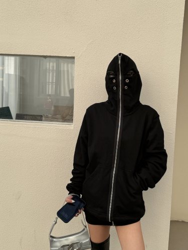 {EAM} Shark shape breathable corns with all-in-one hooded zipper knit hoodie jacket DLZ67