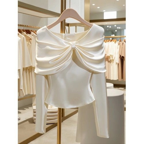 {EAM} Spring/Autumn French Fashion White Blouse Women Tops Light Luxury High End Unique V-neck Slim Long Sleeve Shirts Women Clothing DLZ75