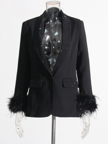 {EAM} Newest 2024 Designer Jacket Women's Natural Feathers Embellished Diamonds Single Button Beaded Blazer DLZ74