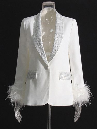 {EAM} Newest 2024 Designer Jacket Women's Natural Feathers Embellished Diamonds Single Button Beaded Blazer DLZ74