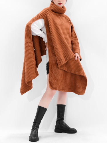[EAM] Yellow Irregular Big Size Knitting Sweater Turtleneck Long Sleeve Women Pullovers New Fashion Spring Autumn 2024 WJ03816M