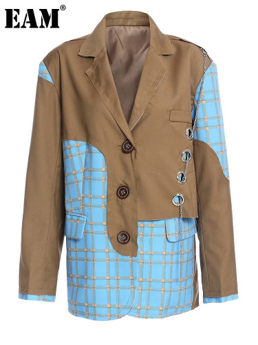 [EAM]  Women Khaki Plaid Color-block Big Size Blazer New Lapel Long Sleeve Loose Fit  Jacket Fashion Spring Autumn 2024 1Z176