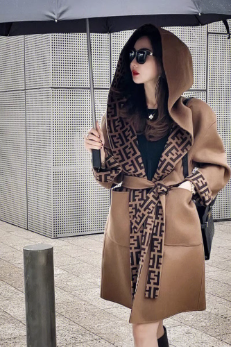{EAM} Temperament socialite high sense cape double sided coat autumn and winter thick loose hooded camel wool coat DLZ78