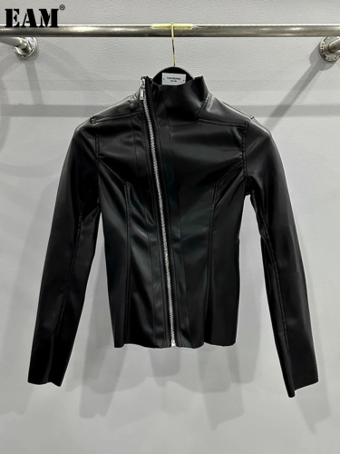 {EAM} 2024 Spring Summer PU leather slim-fit body thin material diagonal zipper high-neck leather jacket DLZ69