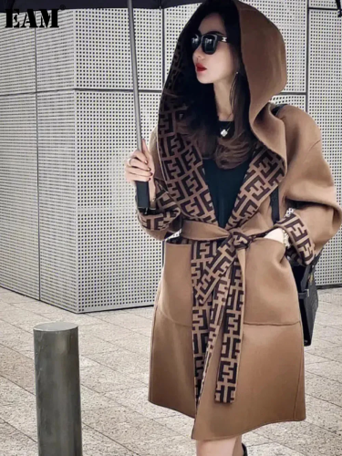 {EAM} Temperament socialite high sense cape double sided coat autumn and winter thick loose hooded camel wool coat DLZ78
