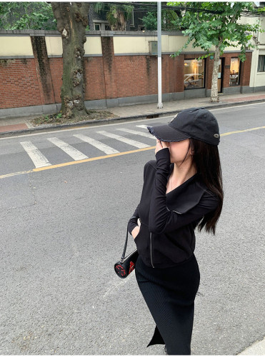 {EAM} Dark RO style double sub line streamer with diagonal zipper high neck cotton woolen hoodie jacket DLZ66