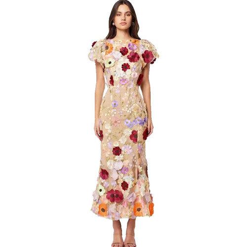 {EAM} Women Fishtail Dress Round Neck Puff Short Sleeve Embroidered 3D Flower Decor Midi Dress Hip Wrapped Long Dress DLZ77