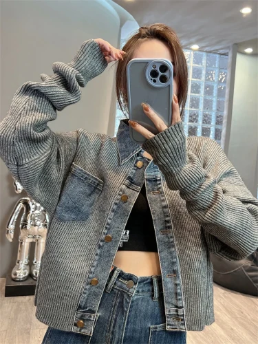 {EAM} Women Denim Stitching Sweater Jacket Autumn 2024 New Fashion Loose Short Knitted Cardigan Lady Coats Casual Denim Jacket Women DLZ95