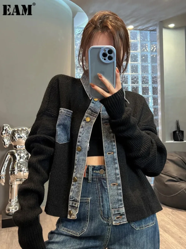 {EAM} Women Denim Stitching Sweater Jacket Autumn 2024 New Fashion Loose Short Knitted Cardigan Lady Coats Casual Denim Jacket Women DLZ95