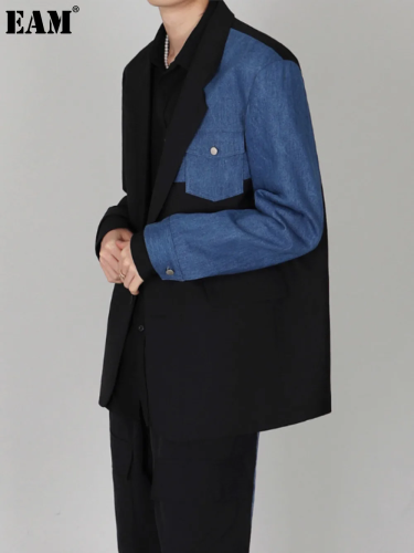 {EAM} Suit men's top spring denim splicing small suit jacket Korean version of high-grade sense of plankton handsome single suit DLZ93