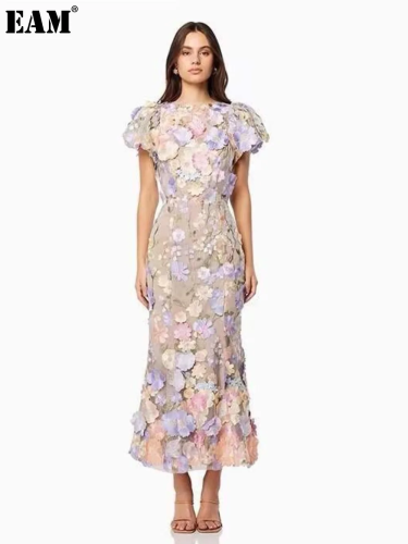 {EAM} Women Fishtail Dress Round Neck Puff Short Sleeve Embroidered 3D Flower Decor Midi Dress Hip Wrapped Long Dress DLZ77