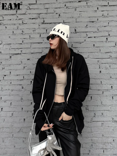{EAM} Black zip-up cardigan hooded long-sleeved hoodie jacket DLZ68