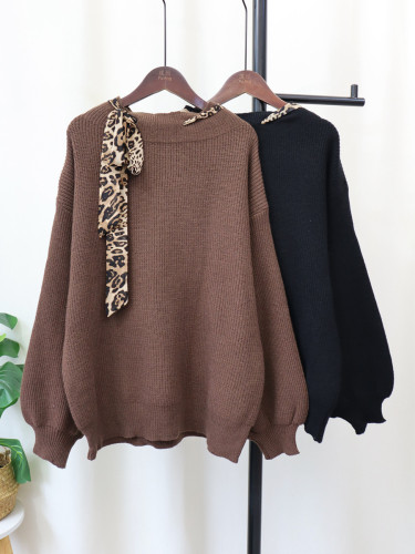 {EAM} 24 Autumn and winter new leopard-print lace-up sweater top loose design sense of temperament lazy wind sweater cover female DLZ103