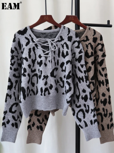 {EAM} 24 autumn and winter new leopard print wear rope design sense of knitwear top Korean version of loose soft waxy sweater set female tide DLZ109
