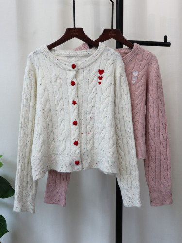 {EAM} 24 autumn and winter new mahua love design sense knitted cardigan Korean version of loose round neck sweet sweater coat women DLZ110
