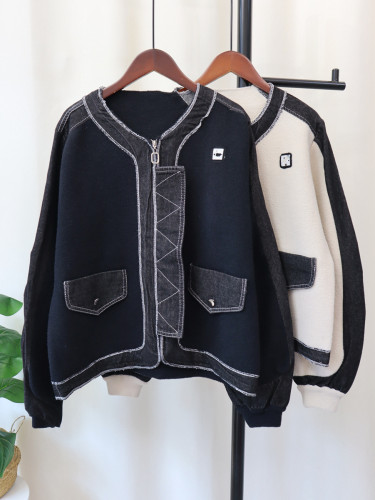 {EAM} Denim splicing knitted double-sided cardigan 2024 autumn and winter new design sense of loose sweater coat women DLZ111