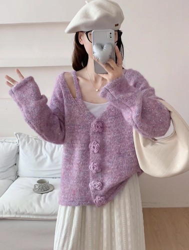 {EAM} 24 Autumn and winter new three-dimensional flower sequins design sense knitted cardigan sweet soft waxy loose sweater coat DLZ101