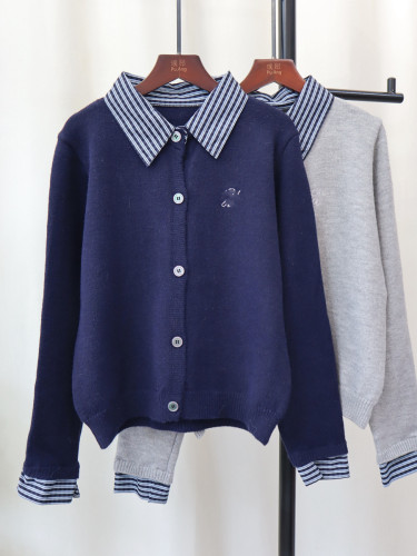 {EAM} Fake two long sleeve knitted cardigan 2024 autumn and winter new polo collar color patchwork temperament sweater coat female tide DLZ107