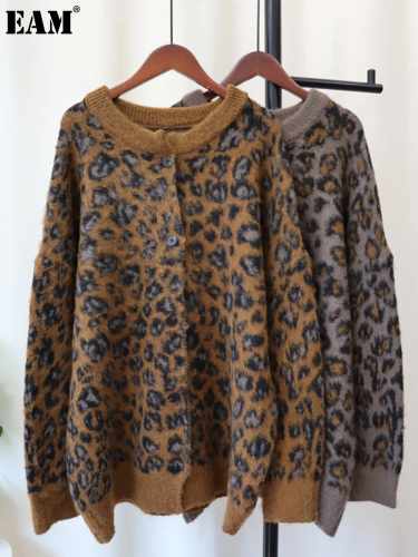 {EAM} 24 autumn and winter new mid-length vintage leopard print knit cardigan soft waxy loose lazy wind sweater coat female tide DLZ97